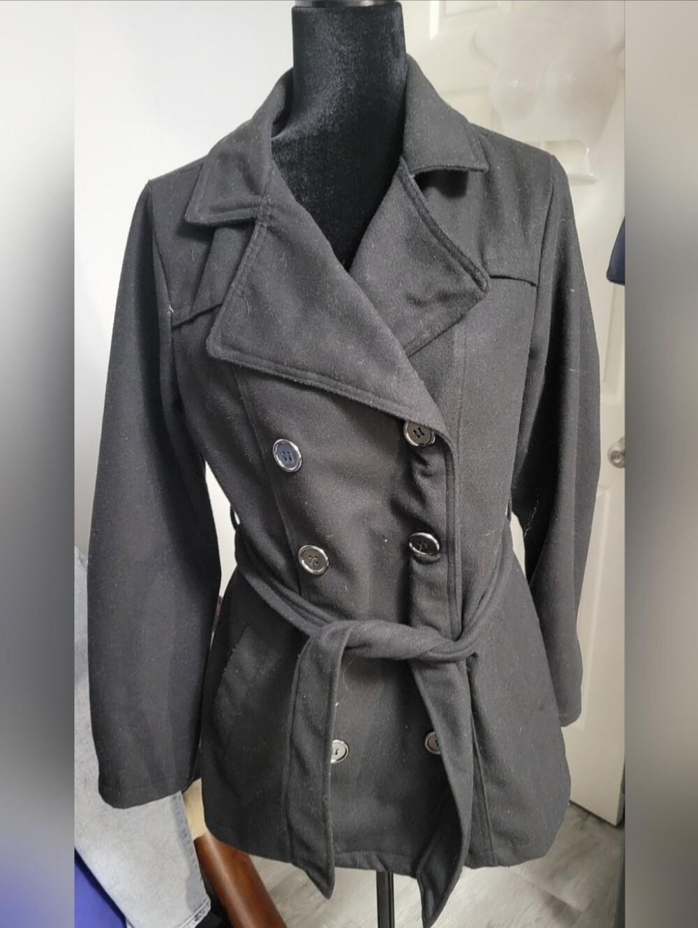 New Look Large Black Double Breasted Peacoat With Wool Blend